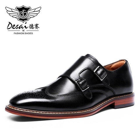 DESAI Monk Strap Slip on Genuine Leather Business Vestido hecho a mano Brogue con hebilla