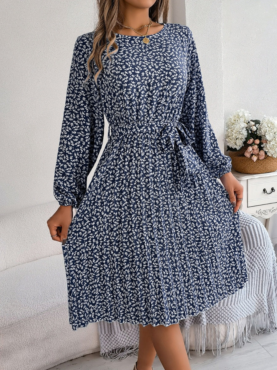 Ditsy Floral Tie Waist Pleated Dress