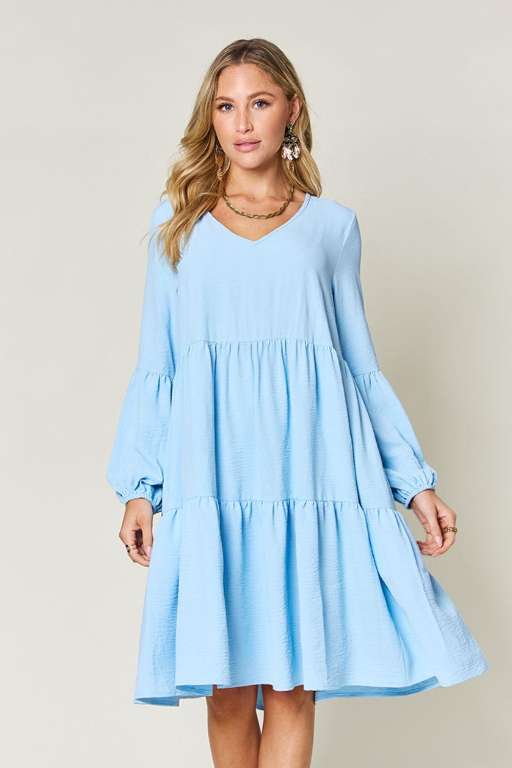 Double Take Full Size V-Neck Balloon Sleeve Tiered Dress CaRaUaNa Fashion