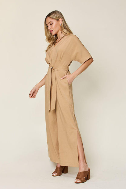 Double Take Full Size V-Neck Tie Front Short Sleeve Slit Jumpsuit