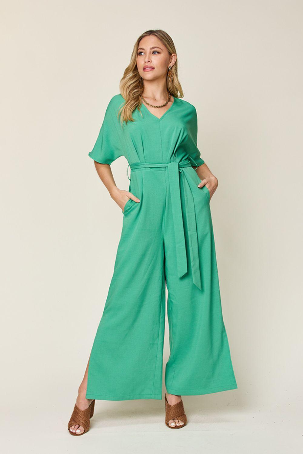 Double Take Full Size V-Neck Tie Front Short Sleeve Slit Jumpsuit