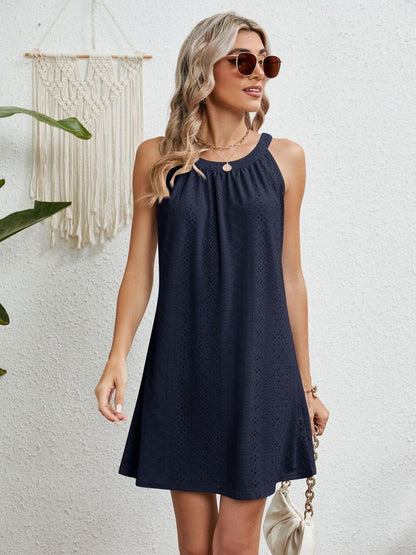 Eyelet Grecian Neck Mini Dress