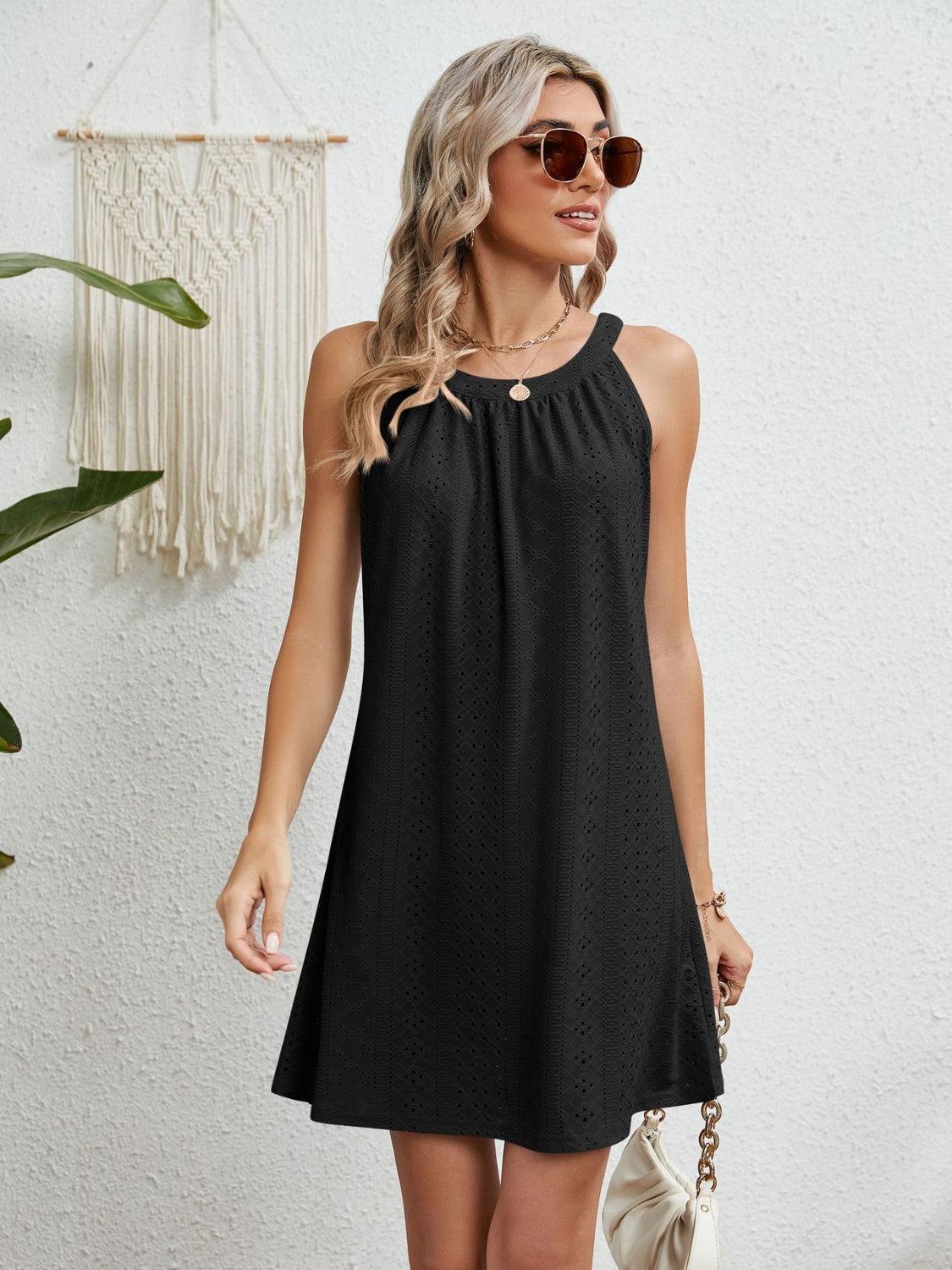 Eyelet Grecian Neck Mini Dress