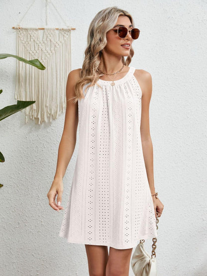 Eyelet Grecian Neck Mini Dress