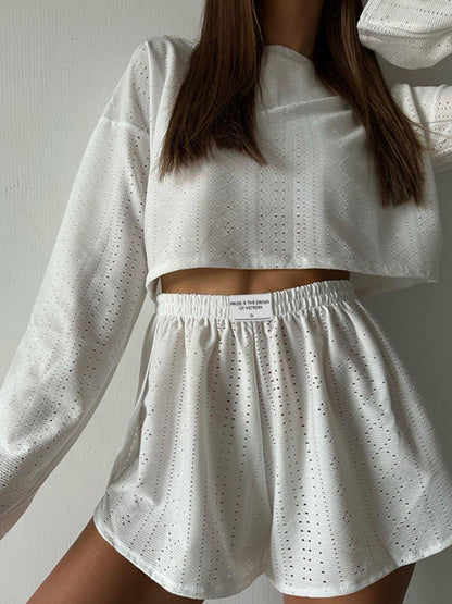 Eyelet Round Neck Top and Shorts Set