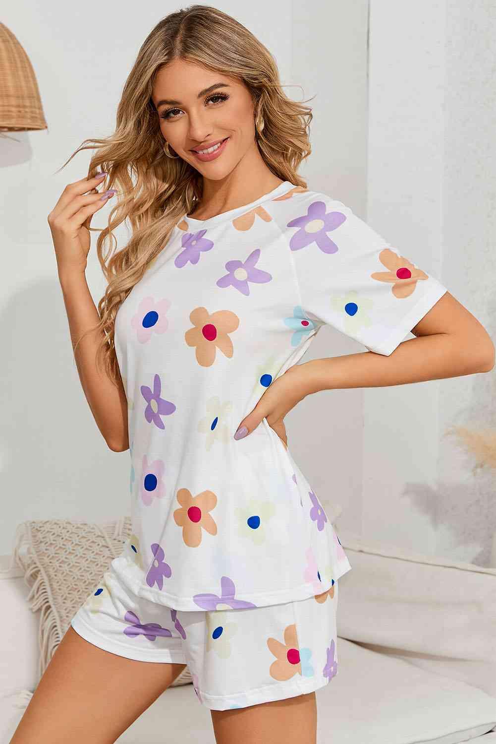 Floral Round Neck Raglan Sleeve Top and Shorts Lounge Set