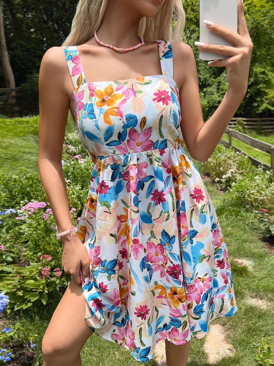 Floral Square Neck Wide Strap Dress