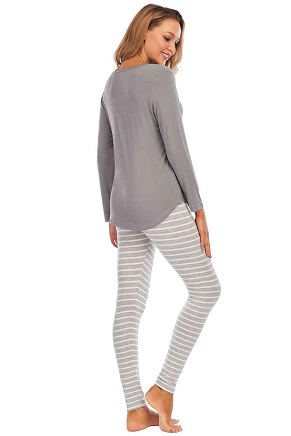 Graphic Round Neck Top and Striped Pants Set