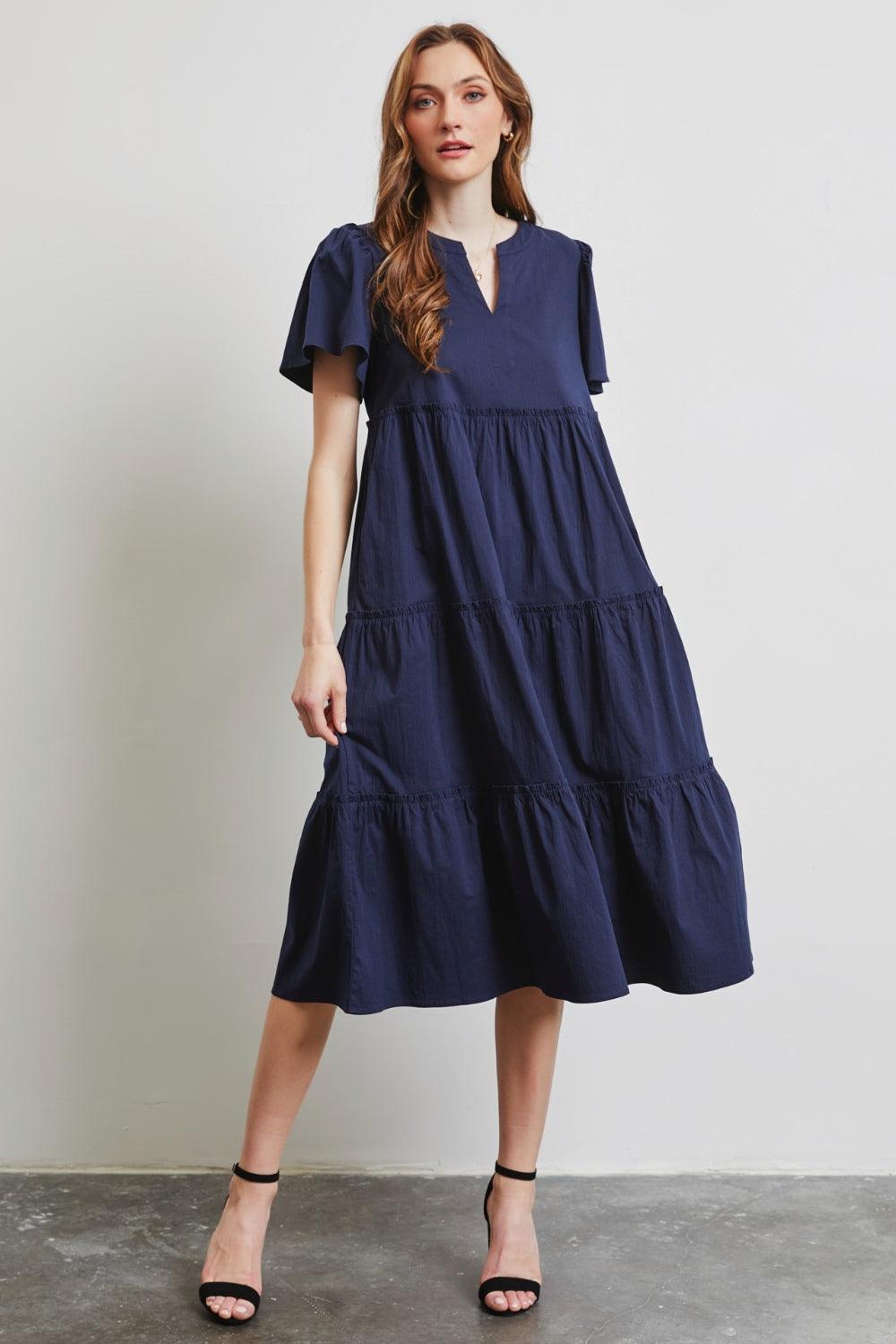 HEYSON Full Size Cotton Poplin Ruffled Tiered Midi Dress