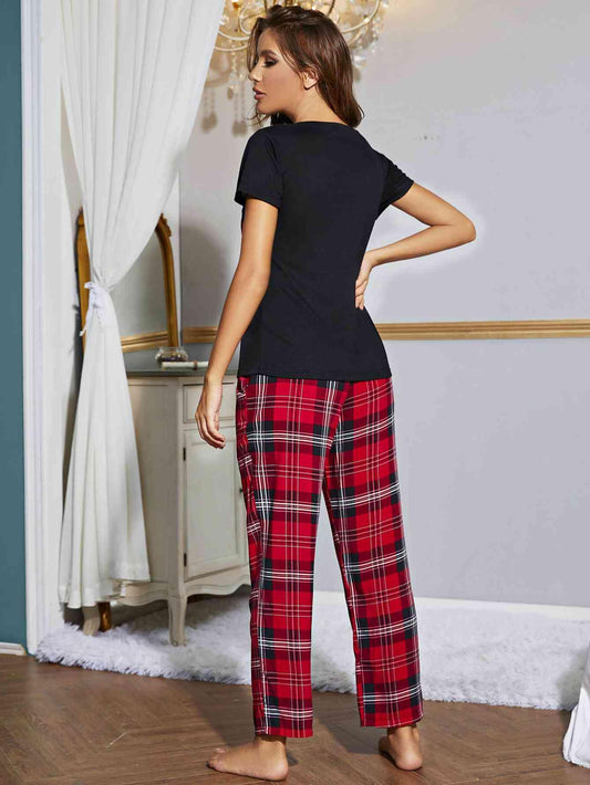 Heart Graphic V-Neck Top and Plaid Pants Lounge Set Carauana Store