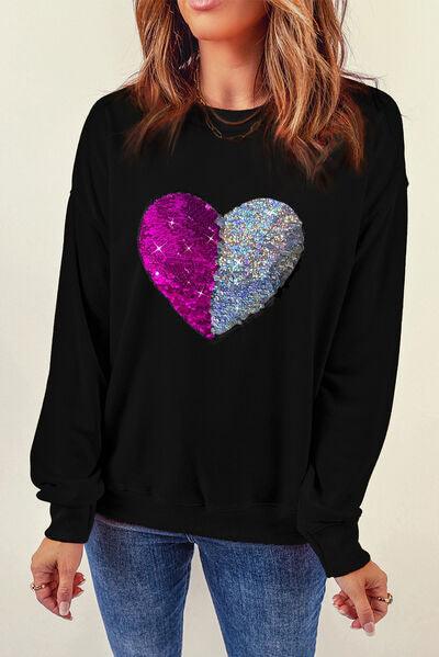 Heart Sequin Round Neck Dropped Shoulder Sweatshirt Carauana Store
