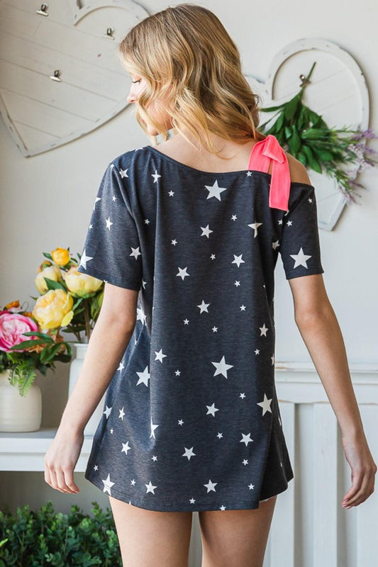Heimish Full Size Star Print Asymmetrical Neck Short Sleeve Top Carauana Store