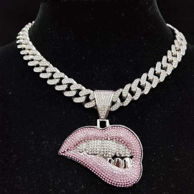 ZIDOM Bite Lip Necklace – Rhinestone Pendant CaRaUaNa Fashion