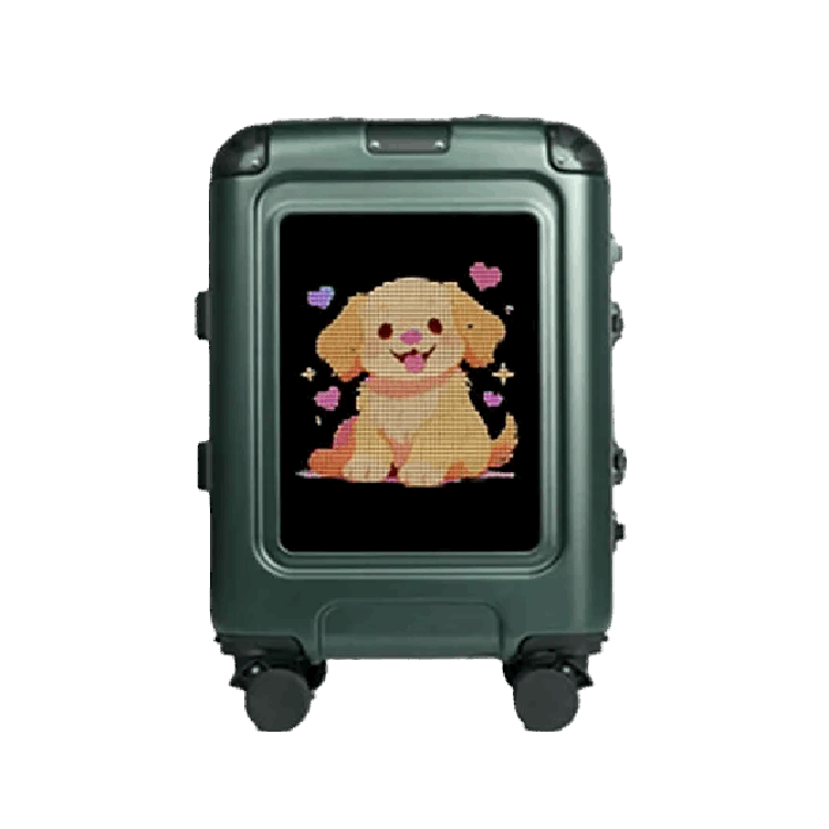 Green suitcase with a cartoon dog design on a white background