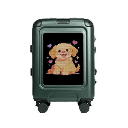 Green suitcase with a cartoon dog design on a white background