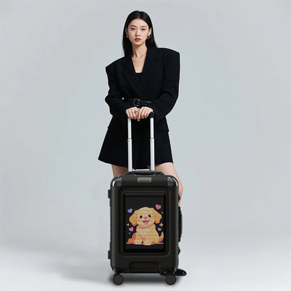 Woman holding a black suitcase with a dog illustration on a light gray background