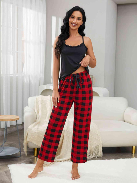 Lace Trim Cami and Plaid Pants Lounge Set Carauana Store