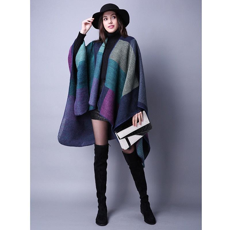 Lattice Women Travel Shawl Imitation Cashmere European National Style Fork Thickened Cloak Ponchos Capes