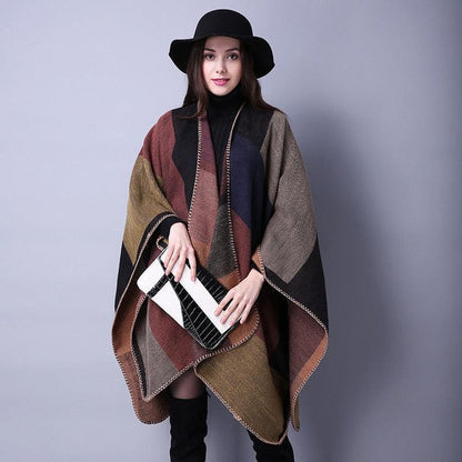 Lattice Women Travel Shawl Imitation Cashmere European National Style Fork Thickened Cloak Ponchos Capes