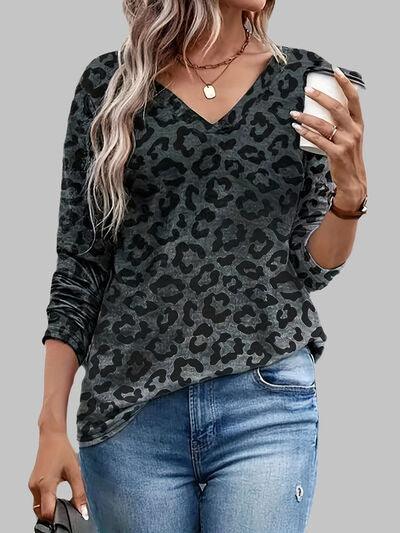 Leopard V-Neck Long Sleeve T-Shirt Carauana Store