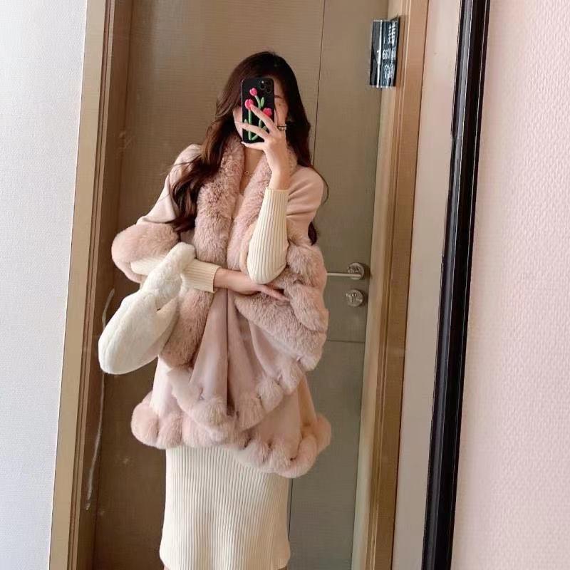 Loose Coat Faux Fox Fur Poncho Wool Coats Women Tassel Cloak Warm Outwear