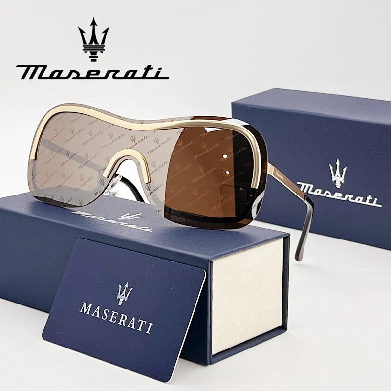 Maserati sunglasses with branded case and box on a white background