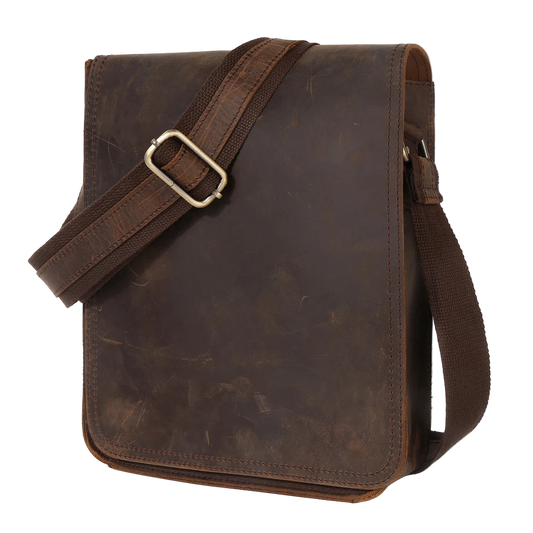 Brown leather bag with a strap on a white background, featuring the brand 'DUJIANG'.