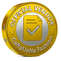 Gold and silver badge with 'Official Vendor' text and Caravana Fashion logo on a white background