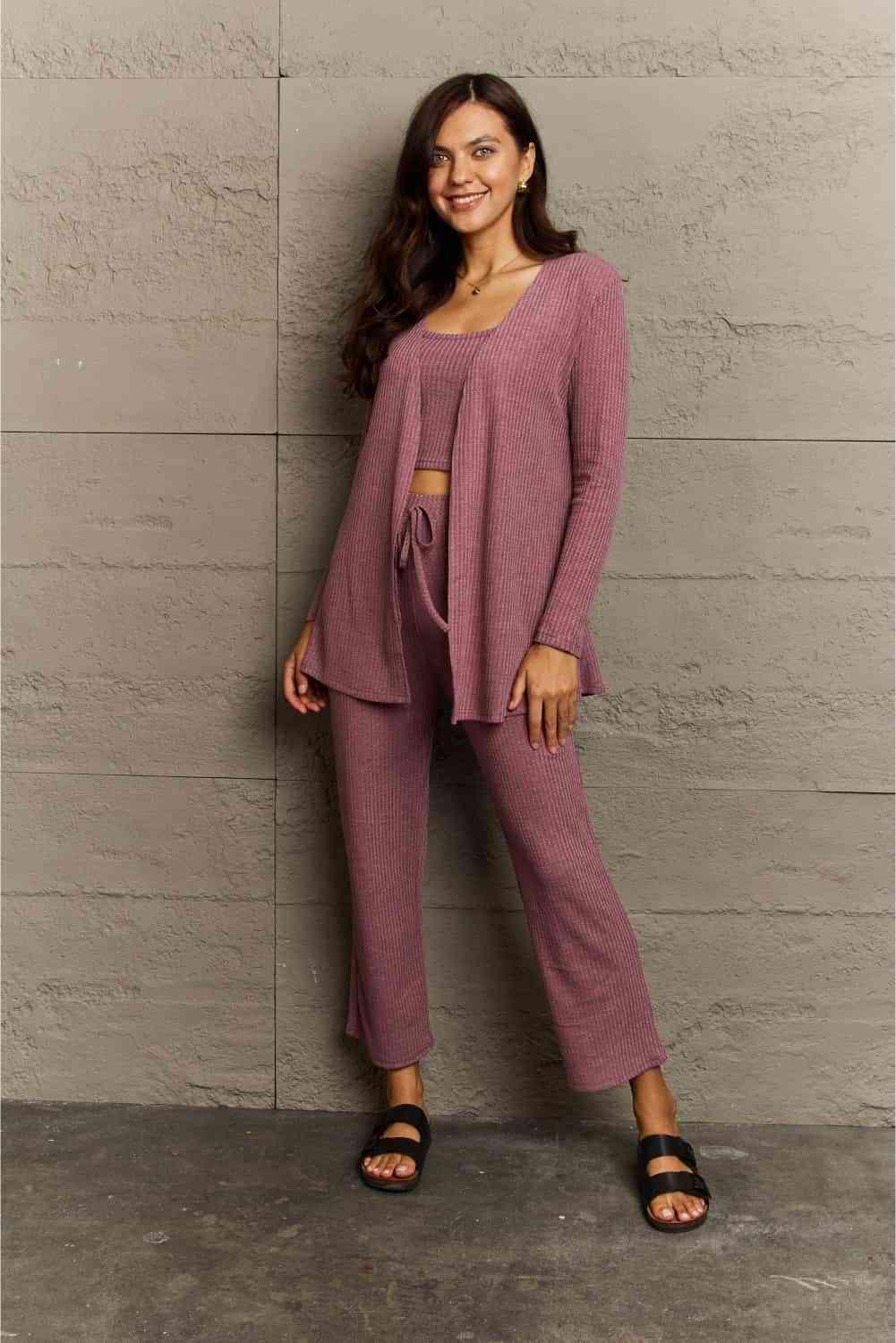 Ninexis Full Size Cropped Top, Long Pants and Cardigan Lounge Set