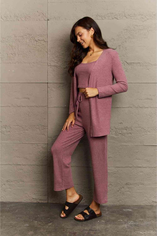 Ninexis Full Size Cropped Top, Long Pants and Cardigan Lounge Set