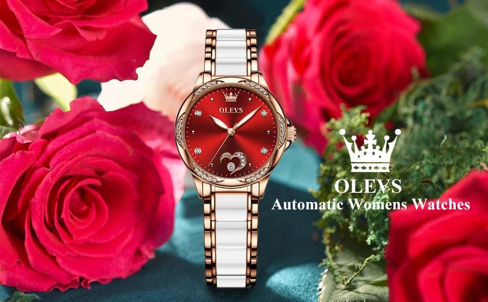 OLEVS Ceramic Band Automatic Self-Wind Watch | Fashionable & Durable with Diver Function and 5Bar Water Resistance Elegant Ladies Watch Set 6631