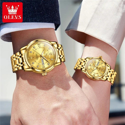 OLEVS Couple Watch Pair for Men and Women Stainless Steel Waterproof Men's Watches Luxury Gold Diamond Lover's Wristwatches 2023