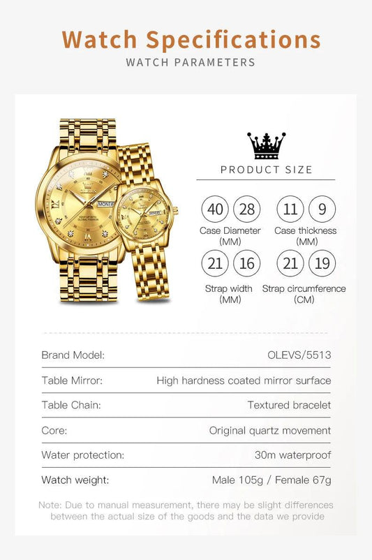 OLEVS Couple Watch Pair for Men and Women Stainless Steel Waterproof Men's Watches Luxury Gold Diamond Lover's Wristwatches 2023