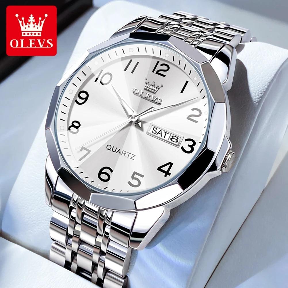 OLEVS Dance of Time: Stainless Steel Elegance with Eternal Calendars Couple's Watches Box Set