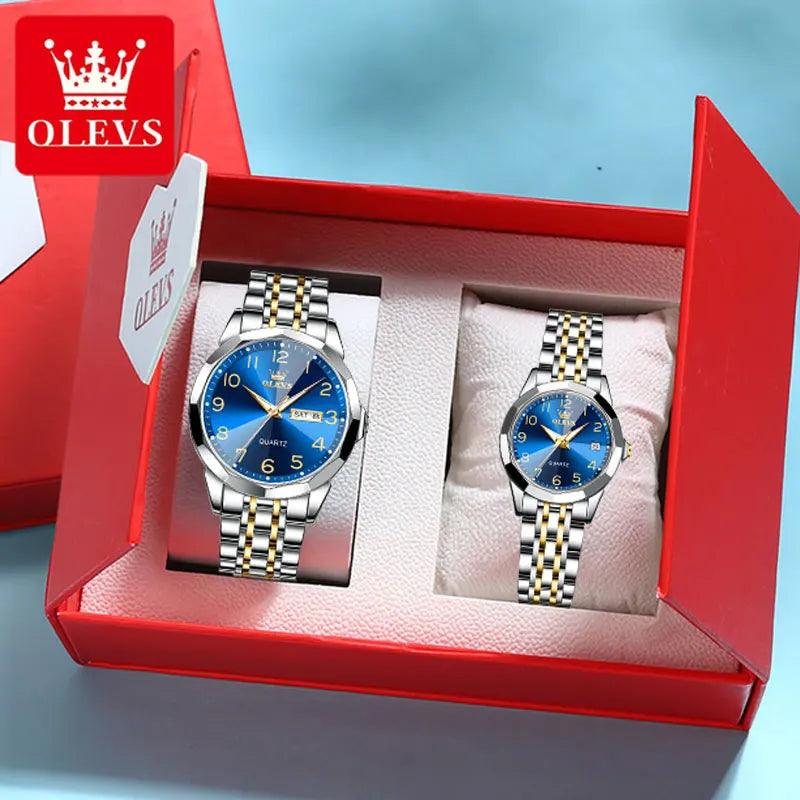 OLEVS Dance of Time: Stainless Steel Elegance with Eternal Calendars Couple's Watches Box Set