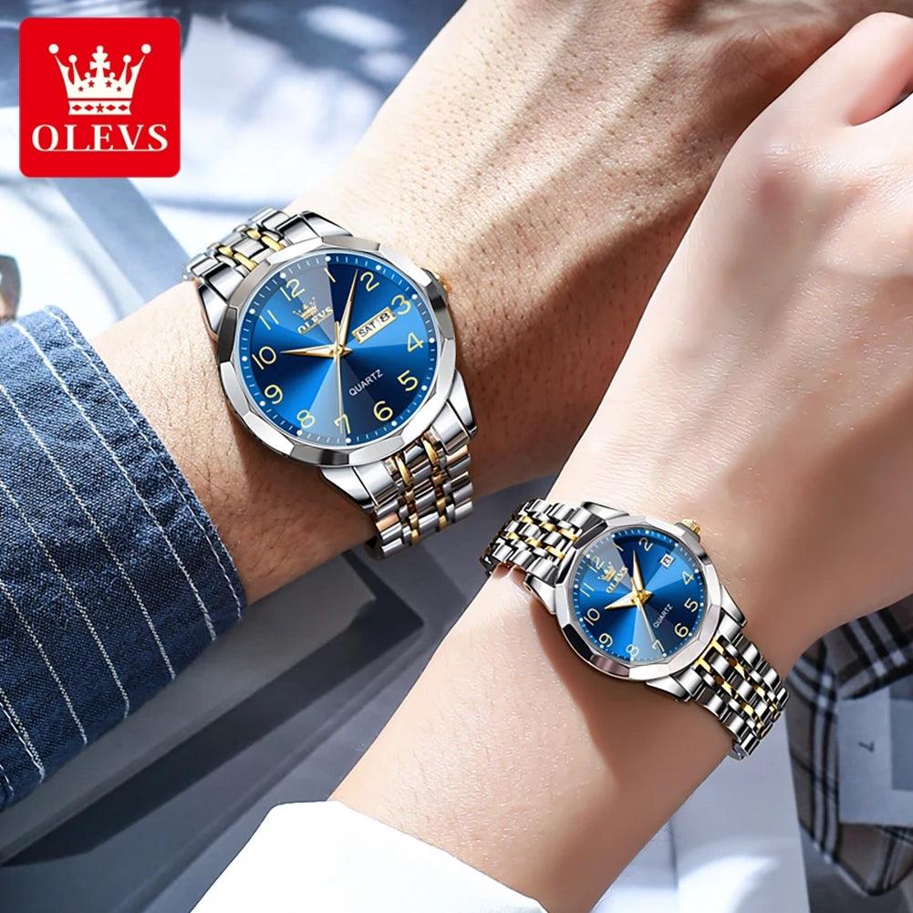 OLEVS Dance of Time: Stainless Steel Elegance with Eternal Calendars Couple's Watches Box Set