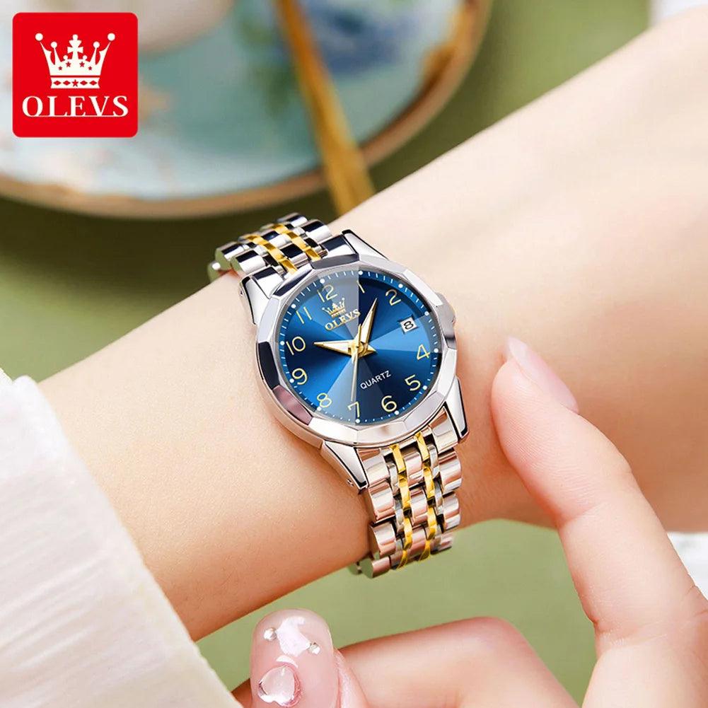 OLEVS Golden Watch for Women Luxury Elegant Rhombus Design Digital Dial Stainless Steel Strap Waterproof Calendar Clock Ladies