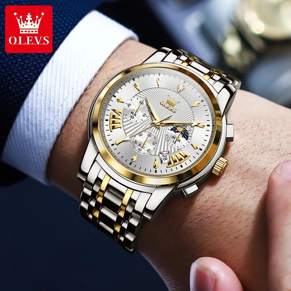 OLEVS Luxury Brand Quartz Watch for Men Waterpoof Chronograph Men's Wristwatch Auto Date Dual Calendar Moon Phase Man Watch New