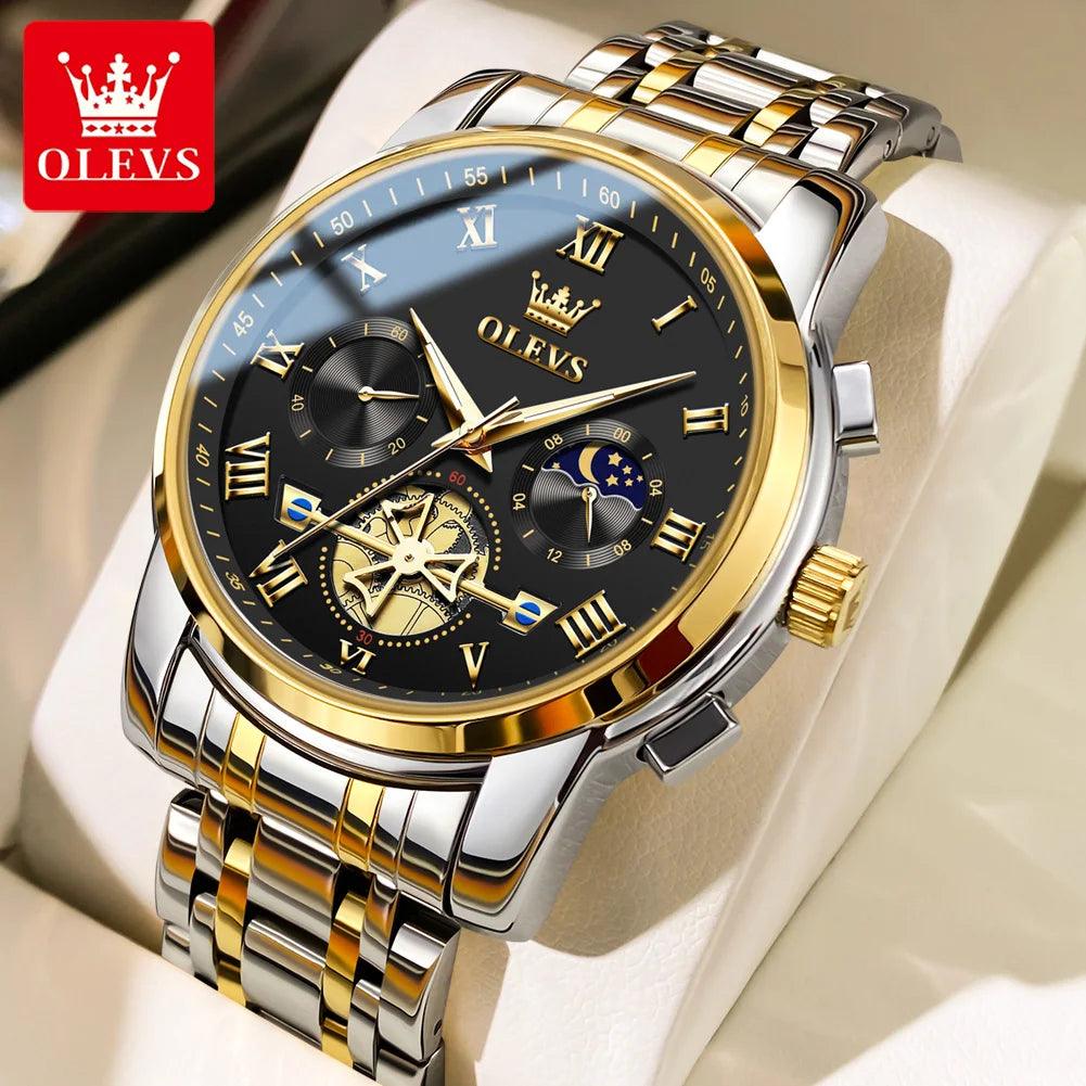 OLEVS Men’s Watch Analog Quartz Movement Business Stainless Steel Waterproof Luminous Chronograph Day Date Male Wrist Watches