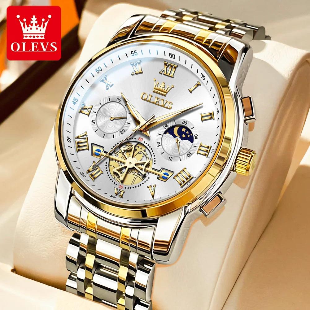 OLEVS Men’s Watch Analog Quartz Movement Business Stainless Steel Waterproof Luminous Chronograph Day Date Male Wrist Watches