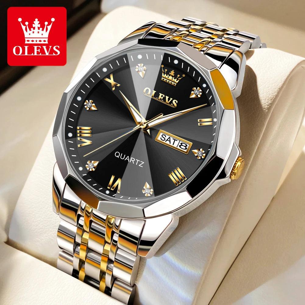 OLEVS Men‘s Watches Gold Original Quartz Wristwatch Waterproof Luminous Watch for Male Rhombus Mirror Date Week Luxury Dress