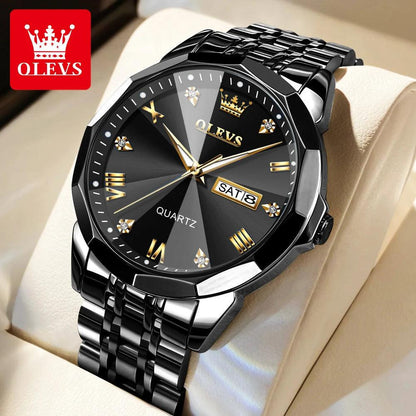 OLEVS Men‘s Watches Gold Original Quartz Wristwatch Waterproof Luminous Watch for Male Rhombus Mirror Date Week Luxury Dress