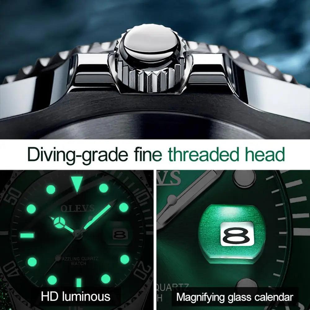 OLEVS Mens Watches Top Brand Luxury Fashion Waterproof Luminous Hand Green Dial Quartz Sports Wristwatch Gifts for Men