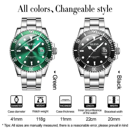 OLEVS Mens Watches Top Brand Luxury Fashion Waterproof Luminous Hand Green Dial Quartz Sports Wristwatch Gifts for Men