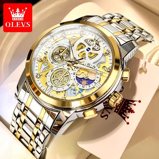 OLEVS Men's Watches Top Brand Luxury Original Waterproof Quartz Watch for Man Gold Skeleton Style 24 Hour Day Night New Carauana Store