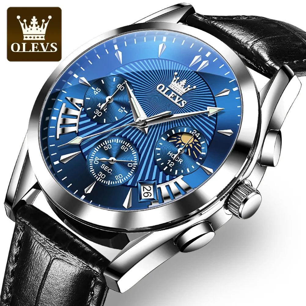 OLEVS Original Men's Watches Sport Chronograph Quartz Male Watch Waterproof Leather Strap Luminous Wristwatch 24 hour dial