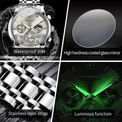 OLEVS Stainless Steel Men's Watches Chronograph Moon Phase Waterproof Luminous Quartz Wrist Watch for Men Luxury Brand Man Watch