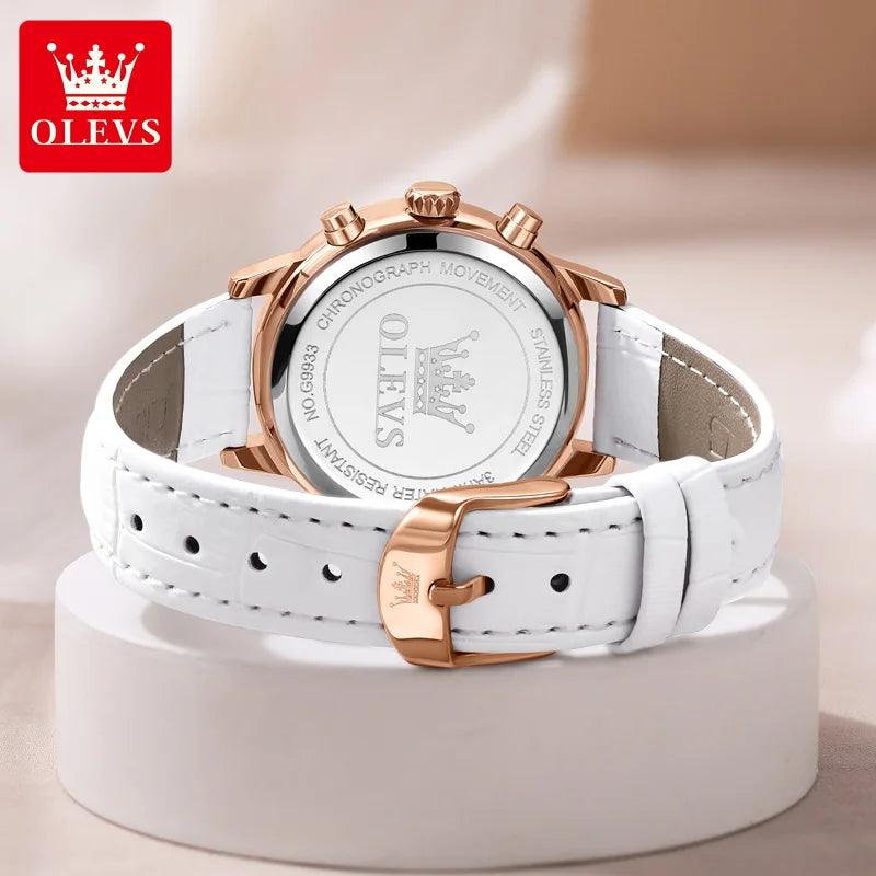 OLEVS Women's Diamond Quartz Wristwatch | Luxury Waterproof Leather Strap Multifunction Watch