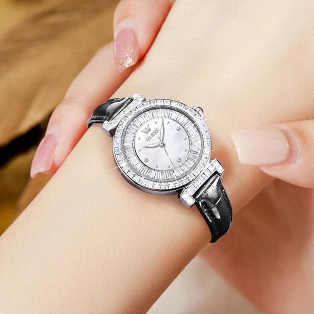 OLEVS Women's Watches Light luxury Fashion Original Quartz Watch for Ladies Waterproof Leather Strap Luminous Diamond Ring Dial