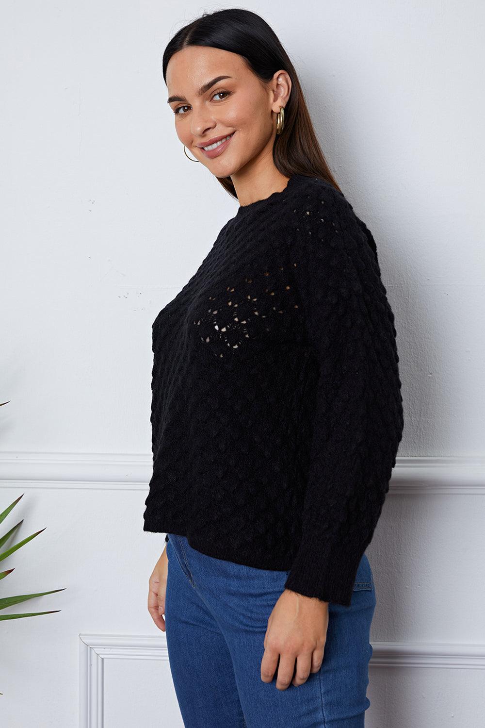 Openwork Round Neck Long Sleeve Sweater